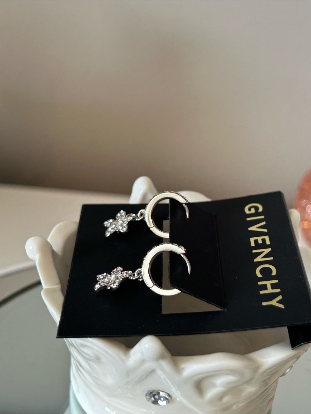 NWT! Givenchy Crystal Flower Charm Huggie Hoop Earrings - Picture 7 of 10